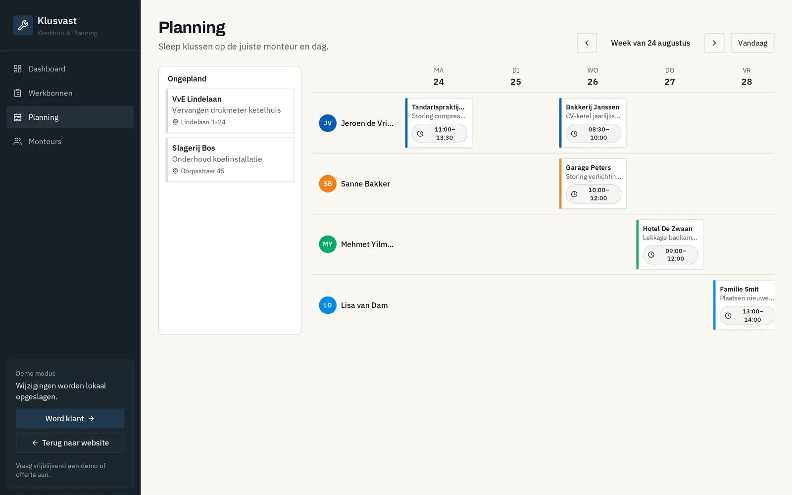 Weekplanning van Klusvast met klussen per monteur en per dag