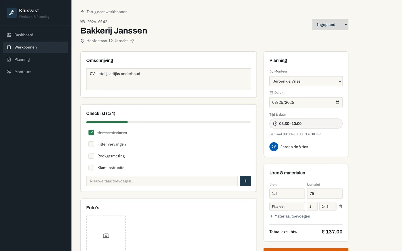 Digitale werkbon met checklist, foto's, uren en materialen